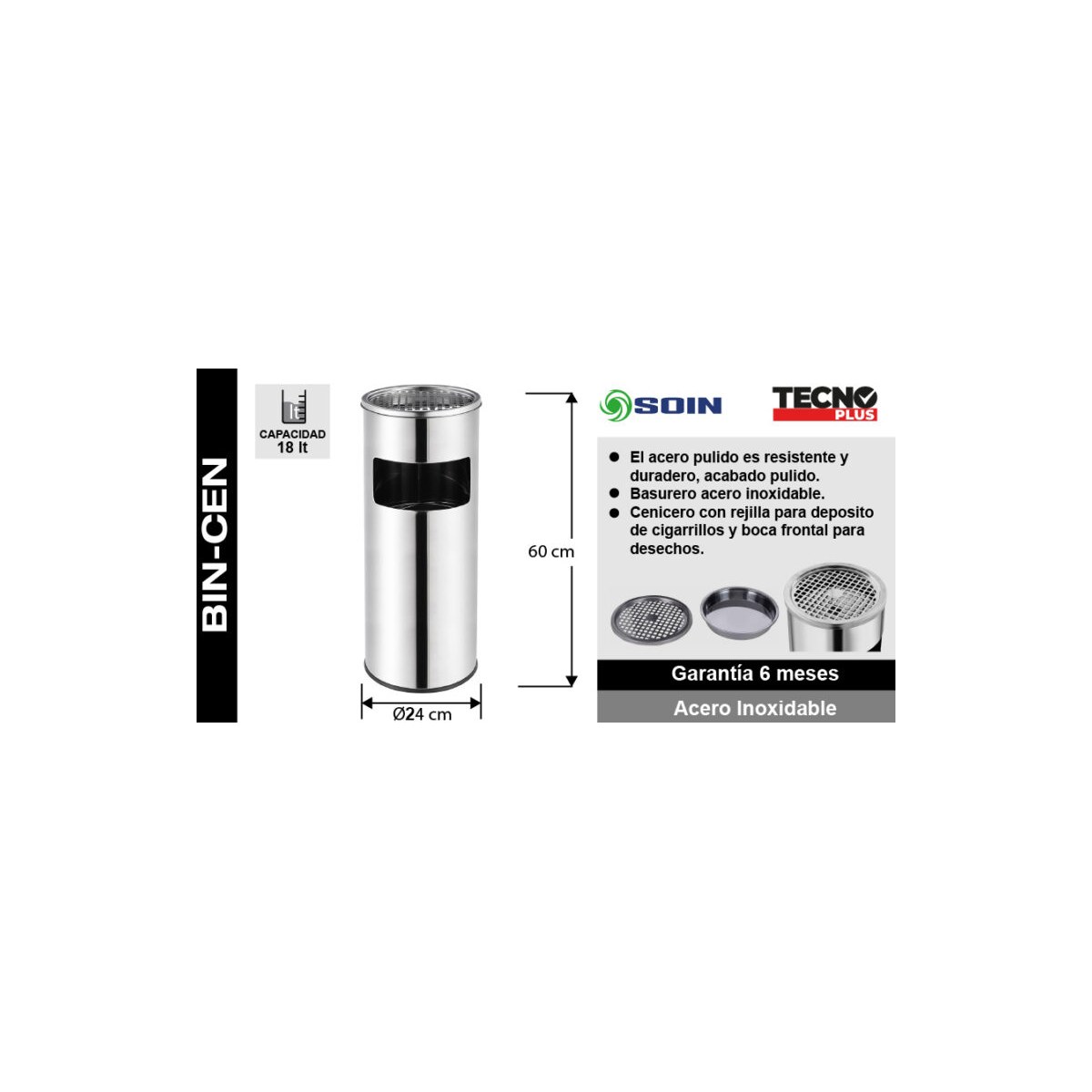 Basurero Cenicero de Acero Inoxidable 18 L - Imagen 2