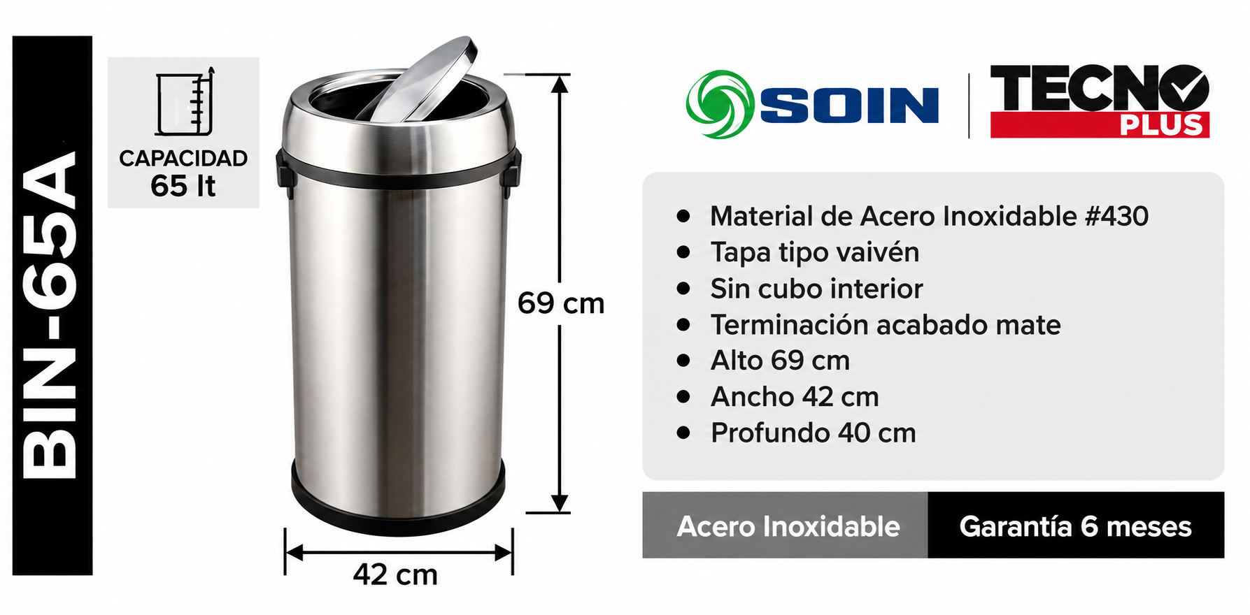 Basurero de Acero Inoxidable 65 L con Tapa Vaivén - Imagen 2