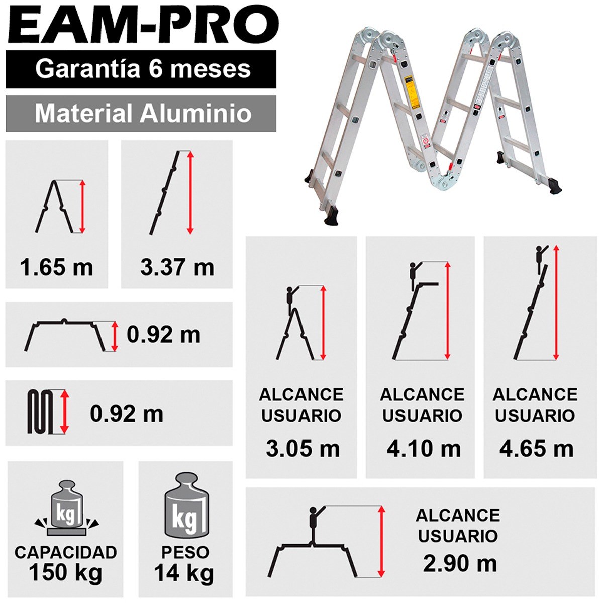 Escalera Multipropósito de Aluminio 3,55 m, 12 Peldaños, 150 kg - Imagen 2