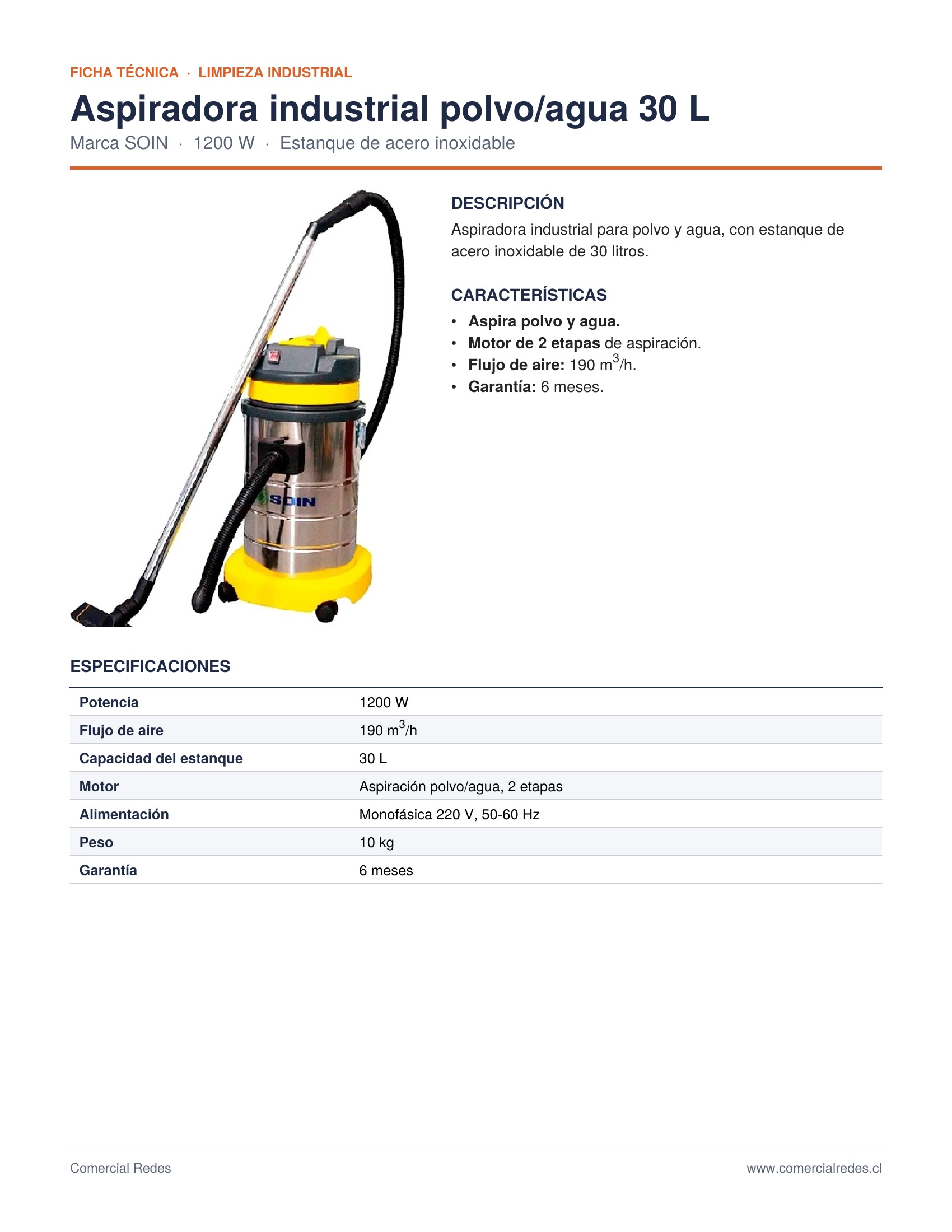 Aspiradora Industrial Polvo/agua 30 L, 1200 W - Imagen 2
