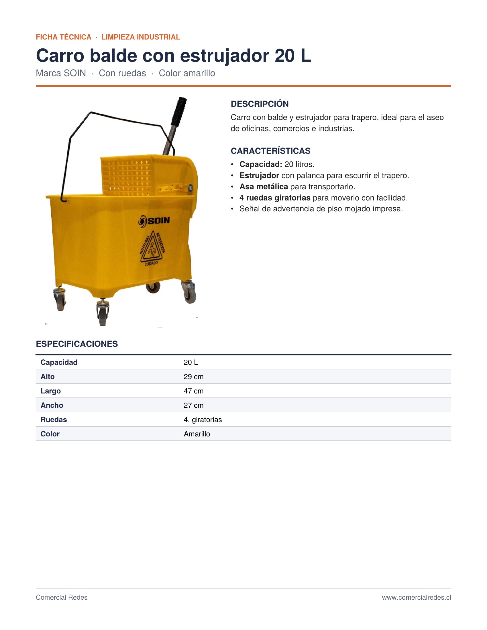 Carro Balde con Estrujador Amarillo 20 L - Imagen 3
