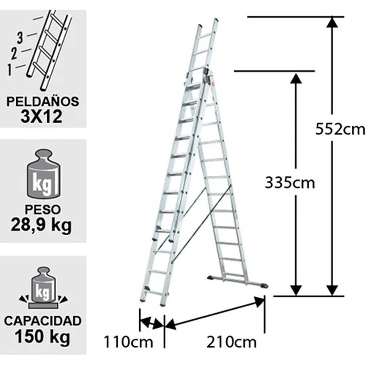 Escalera de Tijera con Extensión de Aluminio 5,52 m, 3 x 12 Peldaños, 150 kg - Imagen 2
