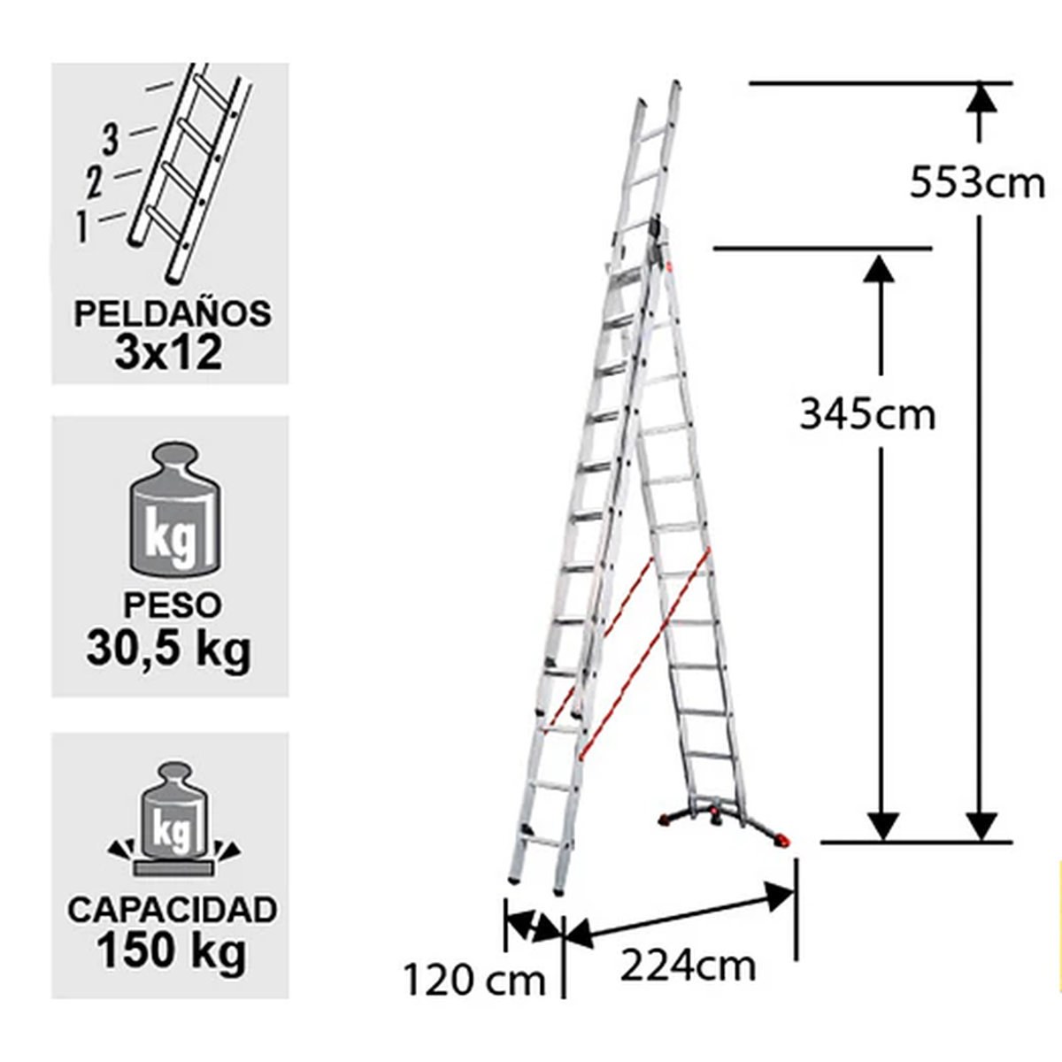 Escalera de Tijera con Extensión de Aluminio 5,53 m, 3 x 12 Peldaños, 150 kg - Imagen 2